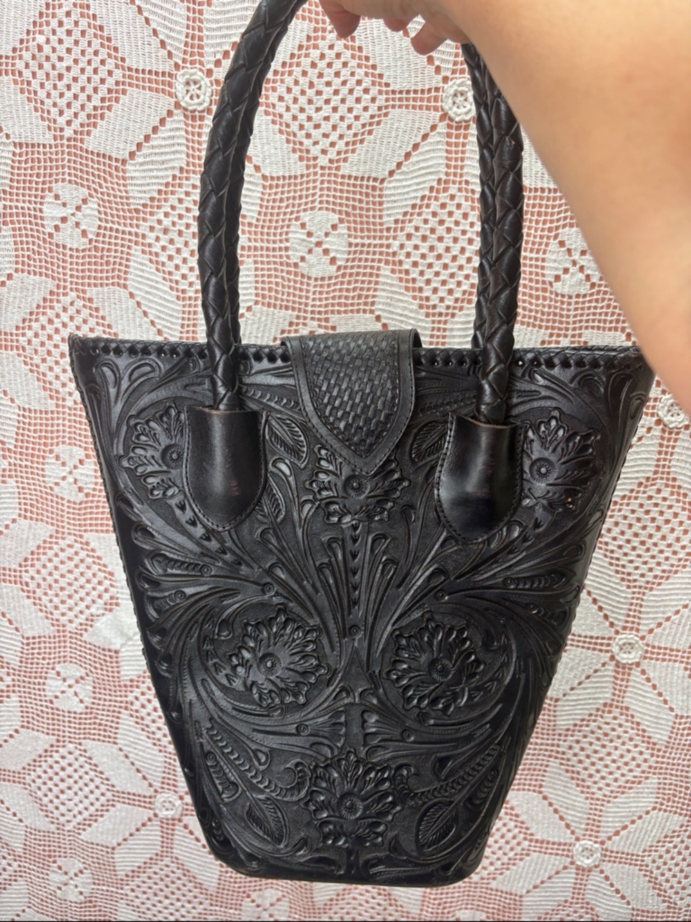 Tooled Floral Black Leather Shoulder Tote